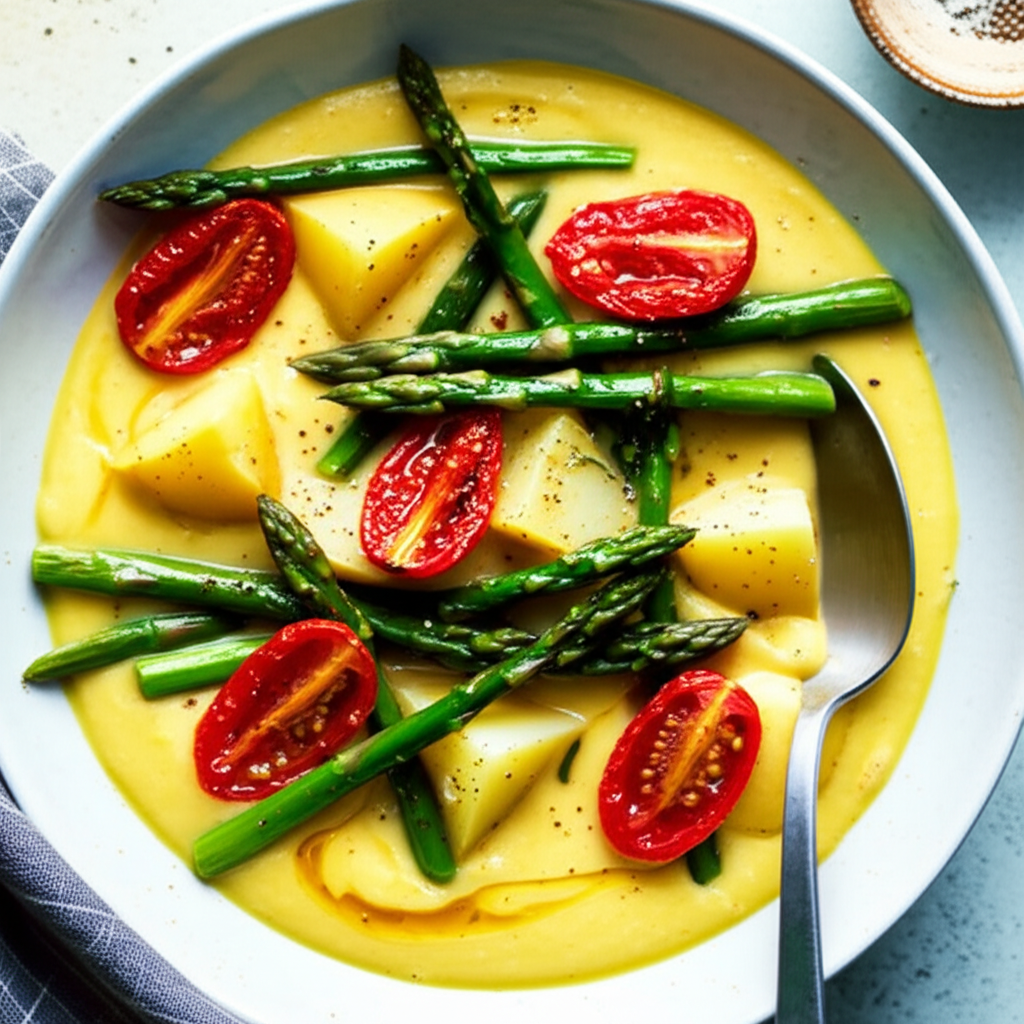Asparagus And Yukon Gold Potato Soup With Roasted Tomatoes Spar image