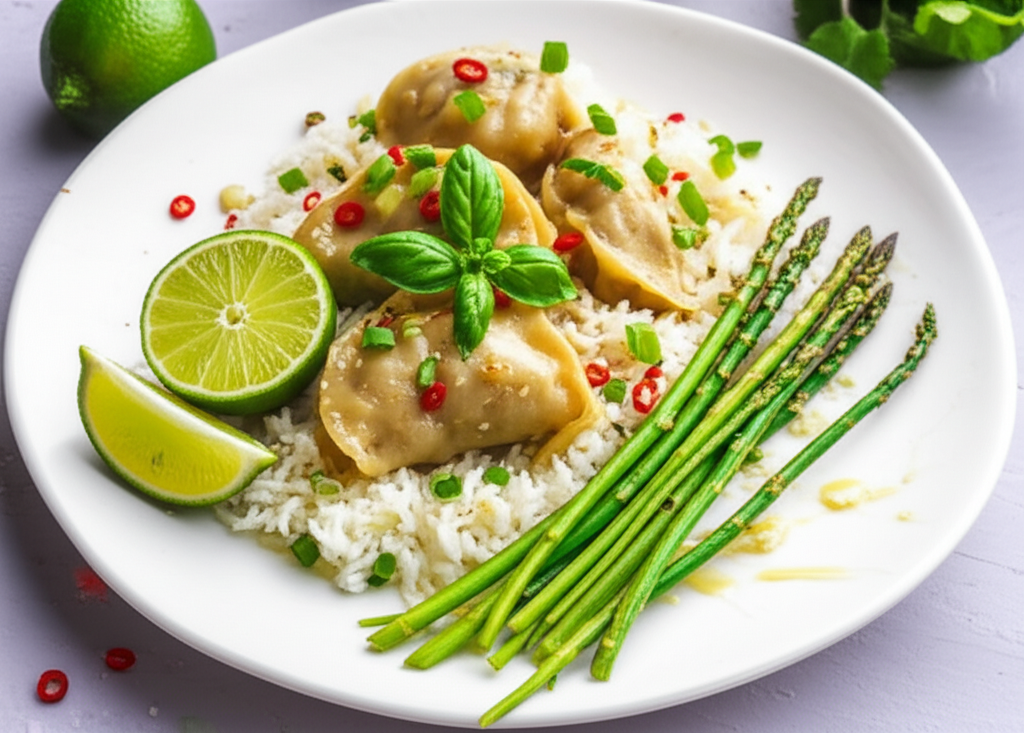Asparagus Mango Dumplings With Coconut Basil Rice image