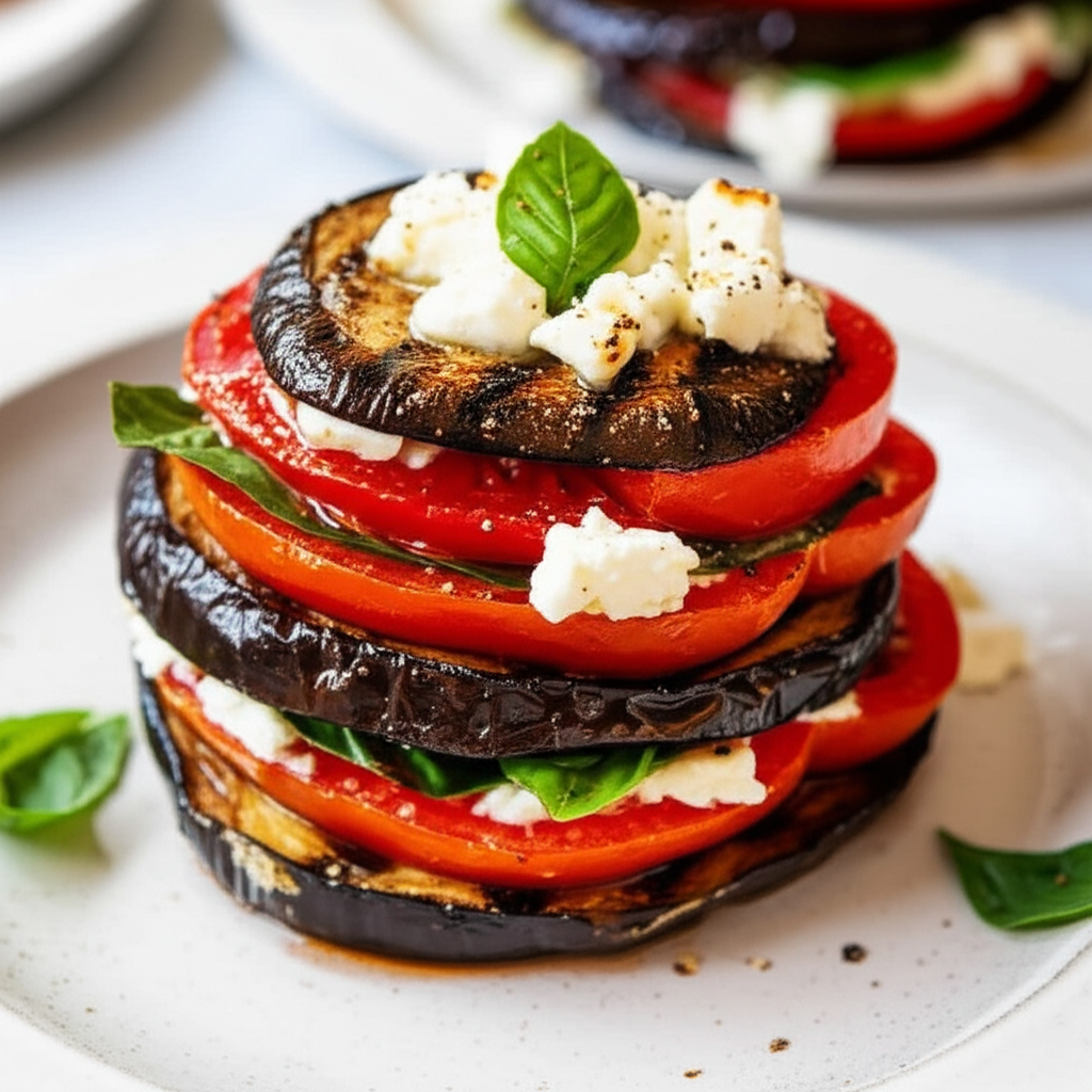 Grilled Eggplant Towers With Tomatoes And Feta From Eating Well image