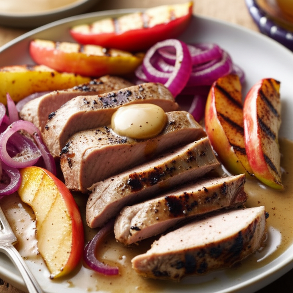 Grilled Pork Tenderloin With Apples And Brandy Cream Sauce image
